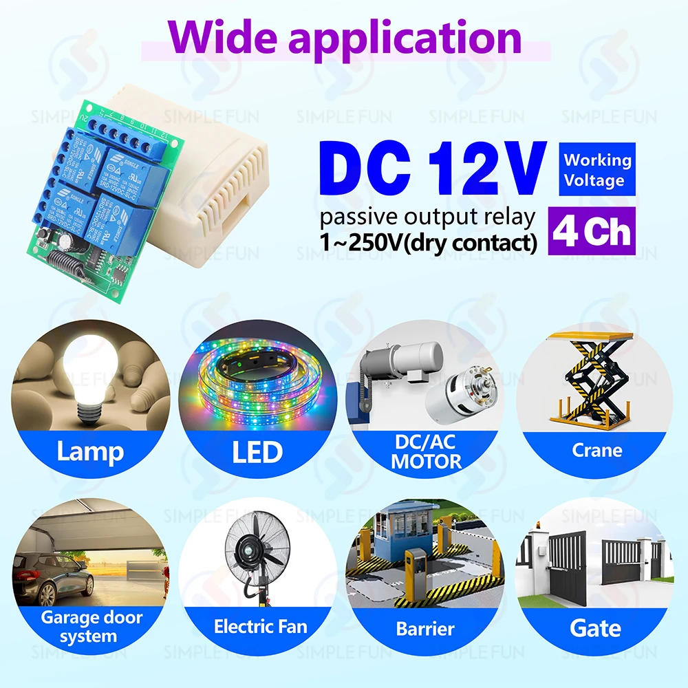 433 Mhz Universal Drahtlose Fernbedienung Licht Schalter DC 12 V 4CH RF Relais Empfänger 60 m Reichweite für Licht/Garage Tür/LED DIY – Detail 2