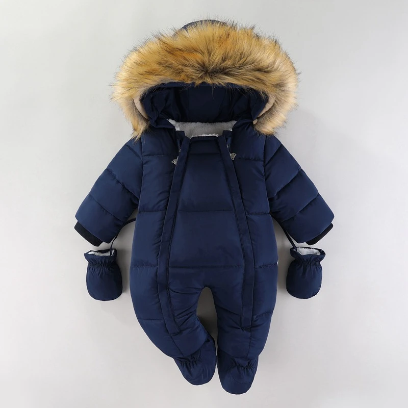 Winter Baby Girl Clothes Thicken Baby Romper With Gloves Warm Baby Jumpsuit Hooded Plus Velvet Children's Clothing Newborn 0-18M