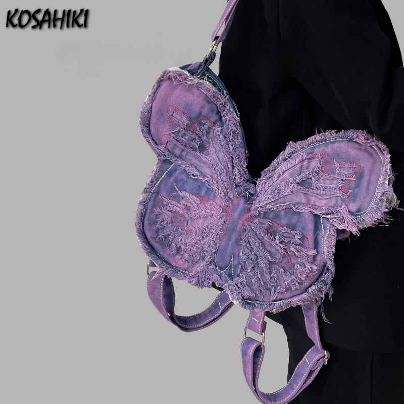 

Women Trendy Punk Vintage Denim Shoulder Bags Sweet Y2k Aesthetic Butterfly Backpacks 2025 Vintage Streetwear Handbags Crossbody