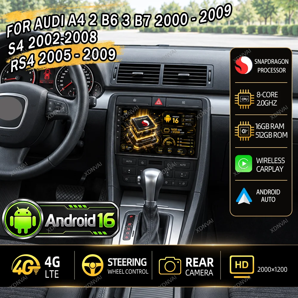 Android 16 Multimedia Car Radio Video Player For Audi A4 2 B6 3 B7 2000 - 2009 S4 2002-2008 RS4 2005 - 2009 GPS Autoradio DSP BT