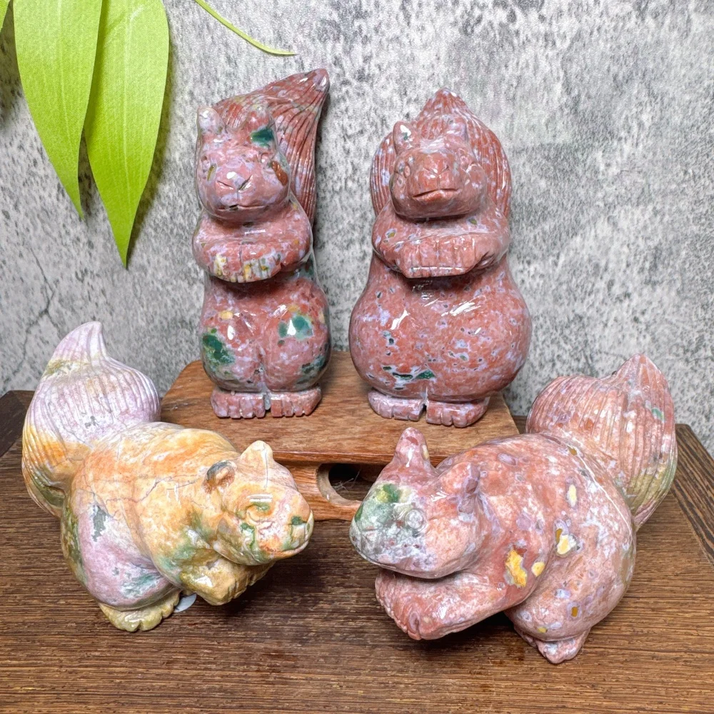 Natural Ocean Jasper Squirrel Carving Healing Stone Tabletop Ornament Reiki Collection Home Decor Gift - Energy Healing