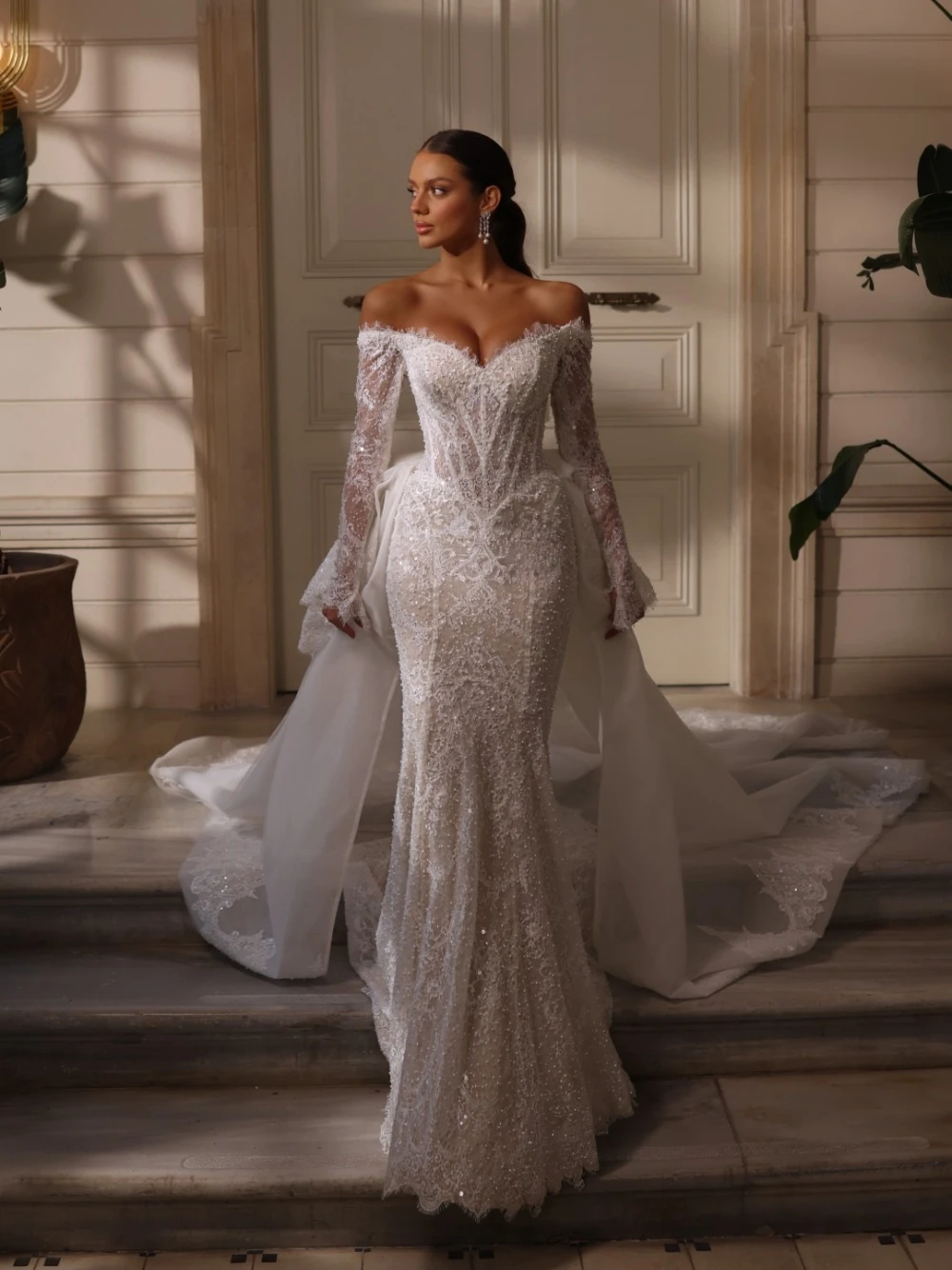 SAROULU Luxury Lace Beaded Mermaid Bridal Gown Sparkly Off‑Shoulder Long Sleeve Wedding Dress For Women Detachable Bow Train