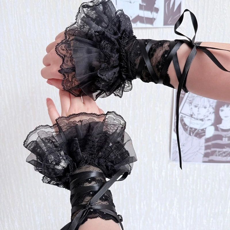 Esmalte de uñas con pantalla de Color, encaje Sexy con tiras, mangas acampanadas falsas decorativas, puños desmontables dulces para chica, accesorio para fotografía artística de uñas