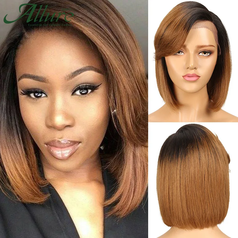 Short Bob Pixie Cut Human Hair Wigs Part Lace Front Natural Bob Cut Wig With Bangs Black Women Burgundy Brazilian Hair Allure