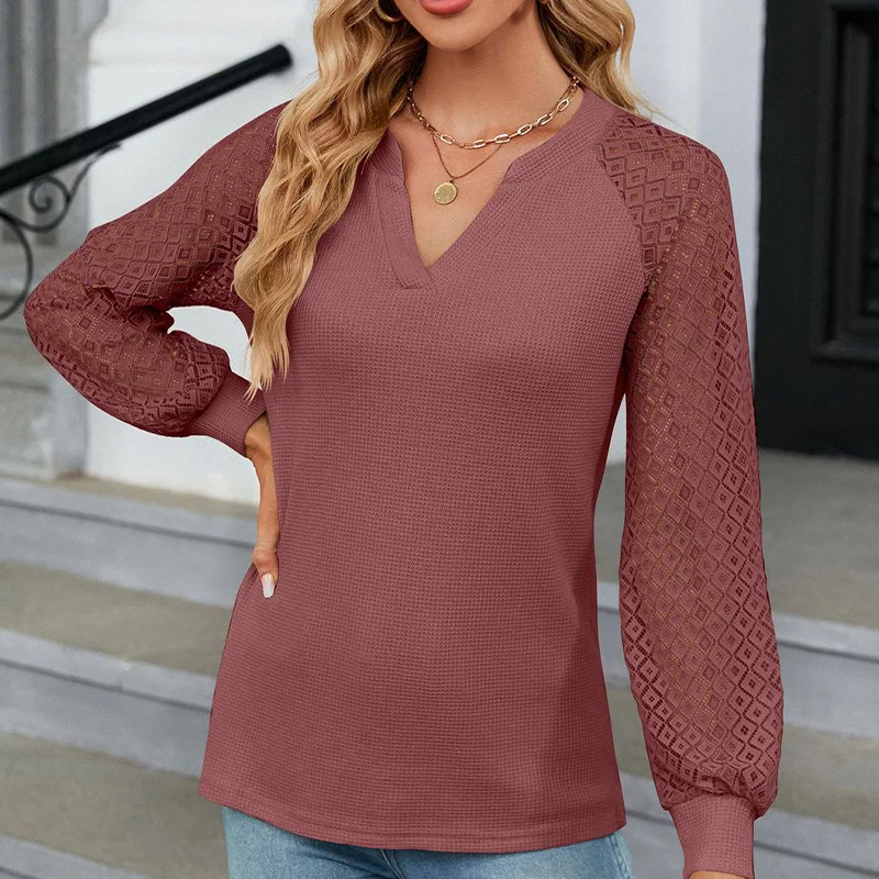 Autumn Retro Elegant Fashion Top Prairie Chic Minimalist V Neck Long Sleeve Hollow Out Solid Color Loose Casual Pullovers Women