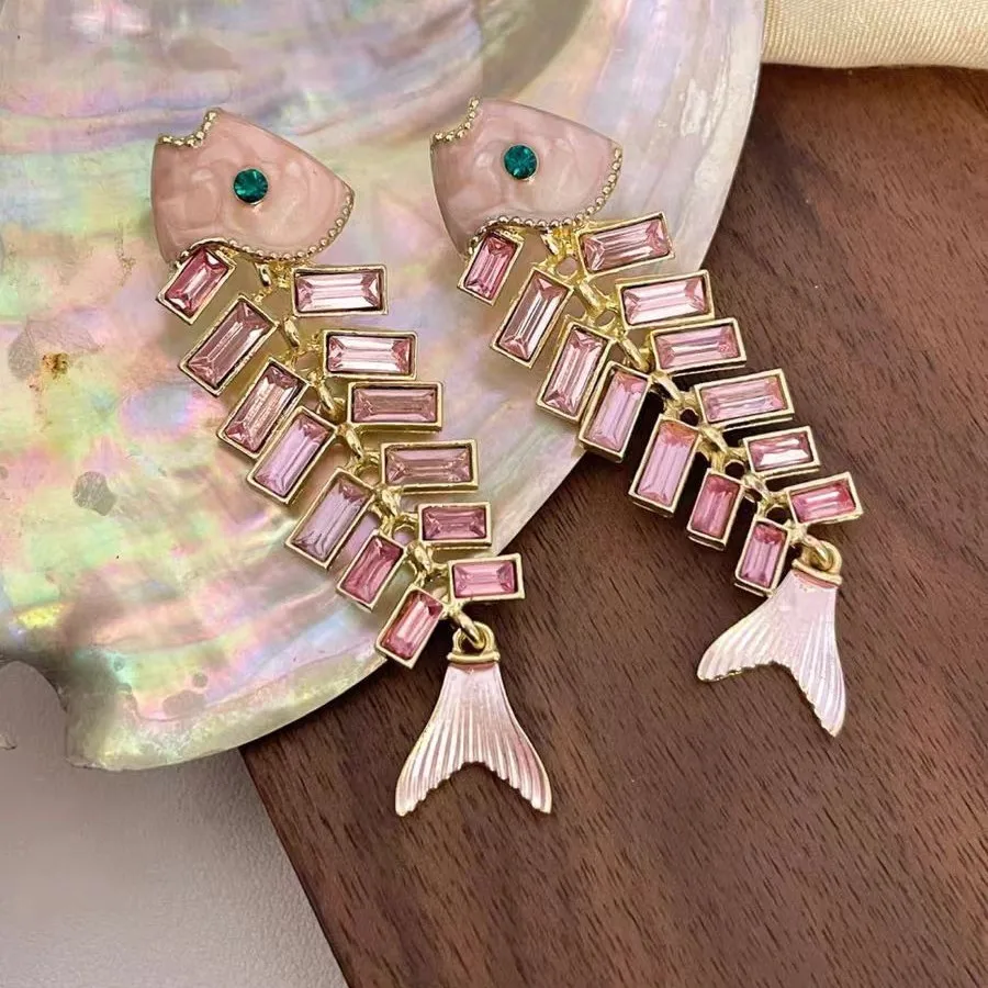 Sweet Cool Zircon Pink Blue Fish Bones Pendant Earrings For Women Trendy Simple Jewelry Lady Gifts Party Office Casual Accessory