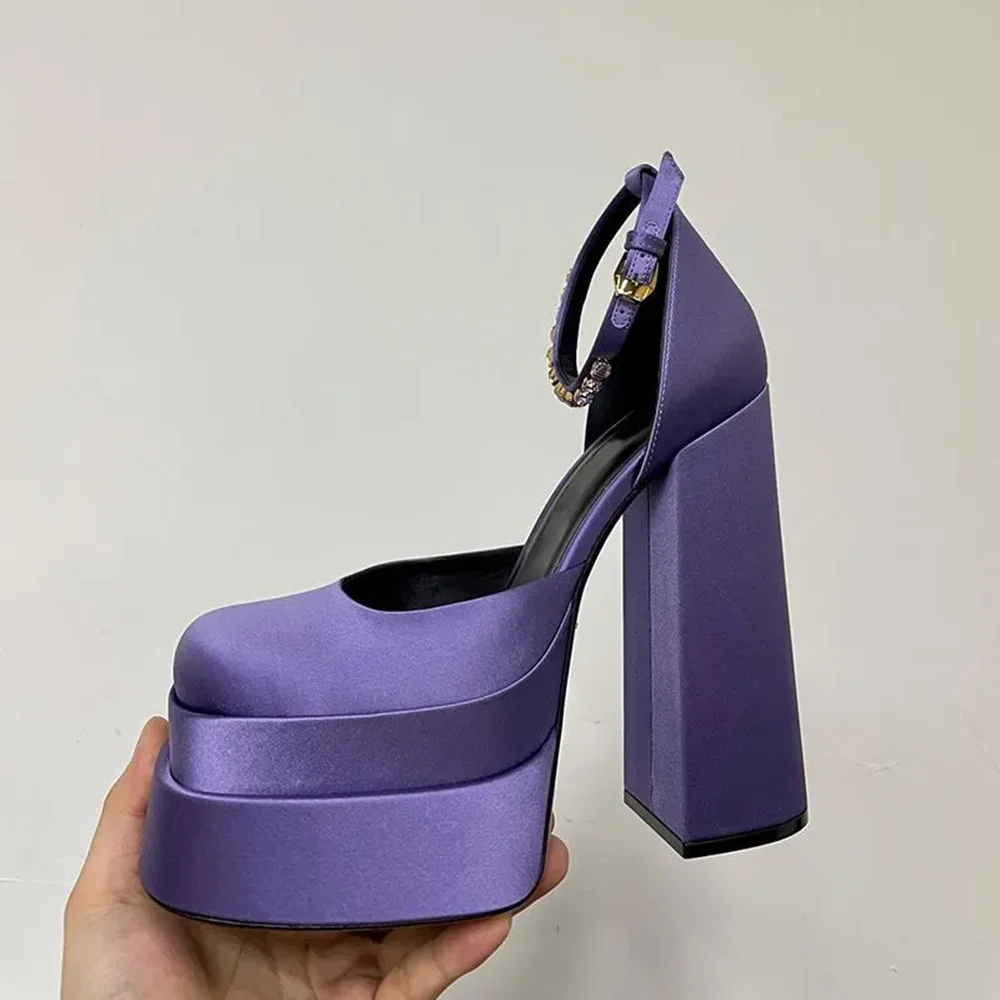 

Sexy Purple Satin Square Toe Platform Block Heel Shoes Chunky Oversized Sole Crystal-Embellished Ankle Strap Shiny Luxe Looks