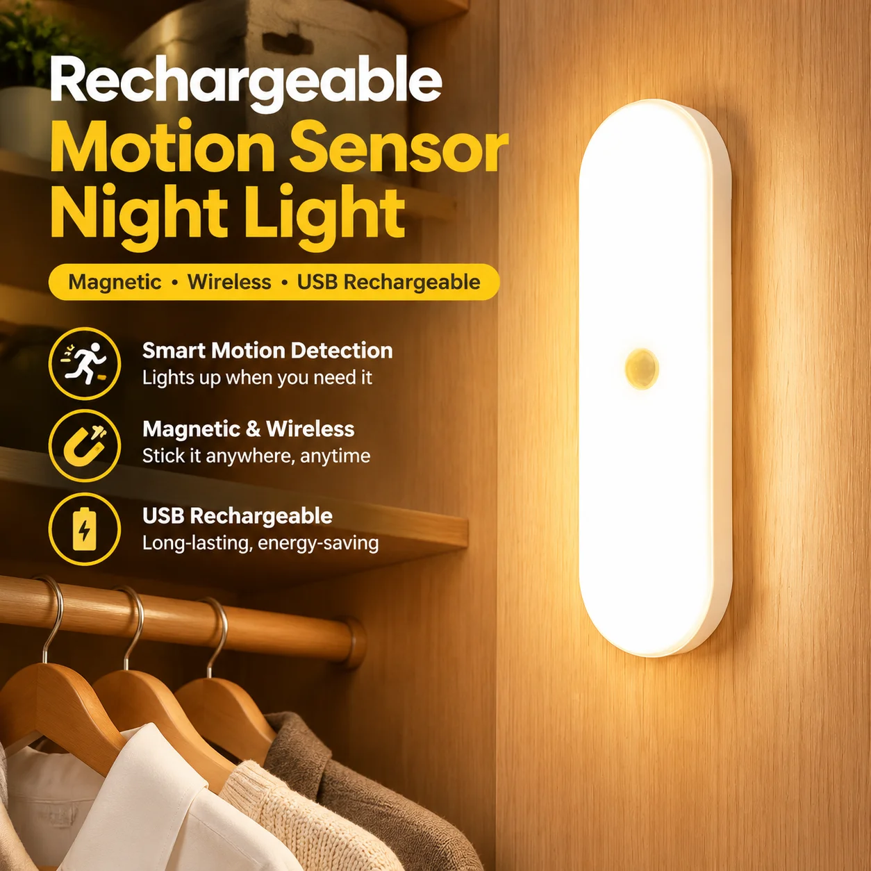 Rechargeable Magnetic LED Night Light with Motion Sensor, USB Wireless Lamp for Closet Kitchen Aisle Wardrobe