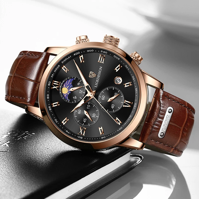 LIGE Brand Luxury Classic Leather Men\'s Watch Quartz Watch Date Chronograph Simple Daily Wear Watch for Men relogios masculino