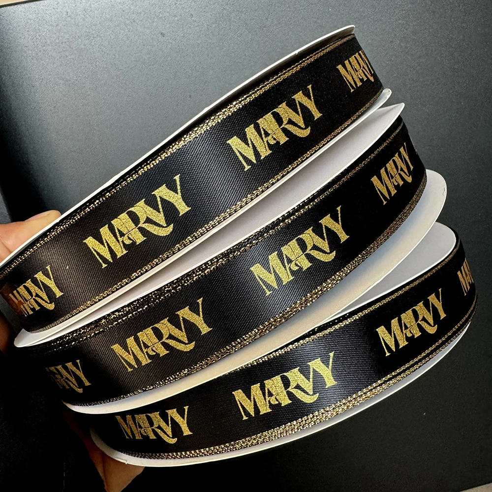 Metallic-Edge Personalized ribbons Custom gold edged ribbons holiday decorations gift packaging 16-38mm 100Yards/Pieces