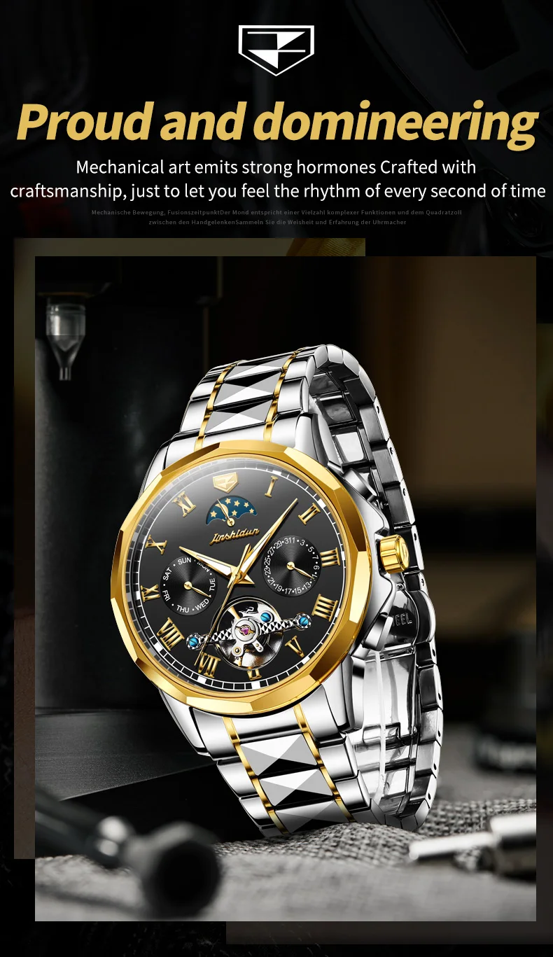 JINSHIDUN 8937 Automatische Herrenuhren Luxus Wolframstahl Skelett-Schwungrad Mondphase Kalender Wasserdichte Mechanische Uhren – Detail 5