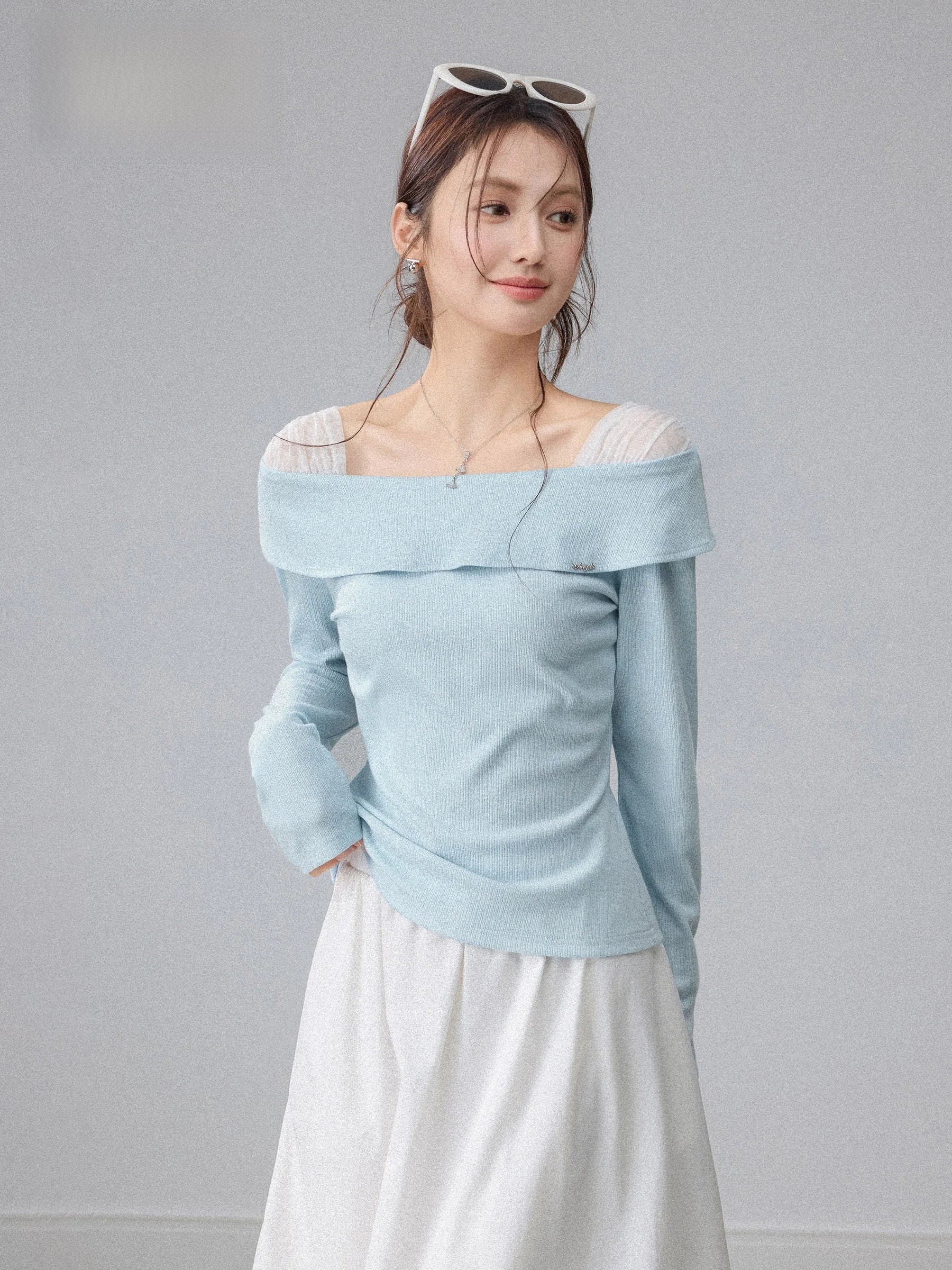 

Light Blue Knitted One-Shoulder Women's Top Slimming Base Layer Shirt Spring Design Casual Style Breathable Long Sleeve T-shirt