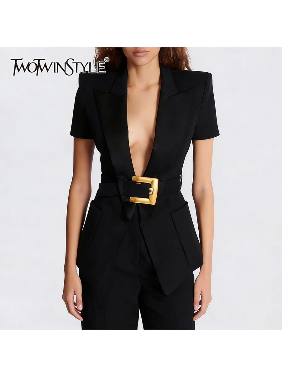 

Женский блейзер TWOTWINSTYLE с поясом, укороченный, с лацканами, короткими рукавами и карманами, в стиле пэчворк, новинка