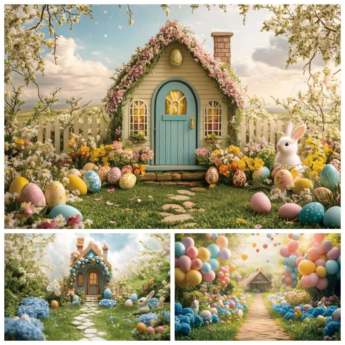 Spring Easter Backdrop Photography Blue Sky Green Grass Wooden House Outdoor Kids Party Decoration Background Photobooth Props
