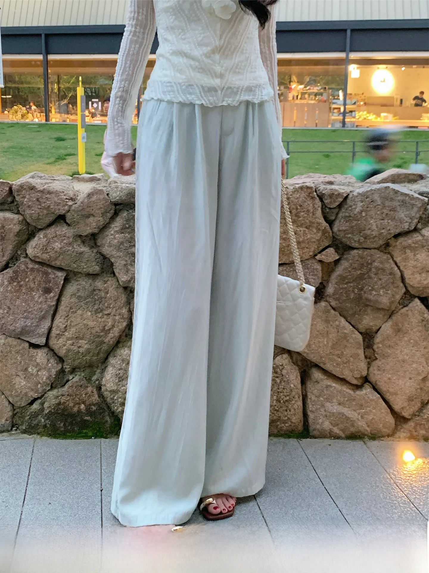 

Kun Total High Waist Straight Leg Pants Women's Casual Wide Leg Pants Lace Trimmed Slimming Pants New Style Ladies Fashion