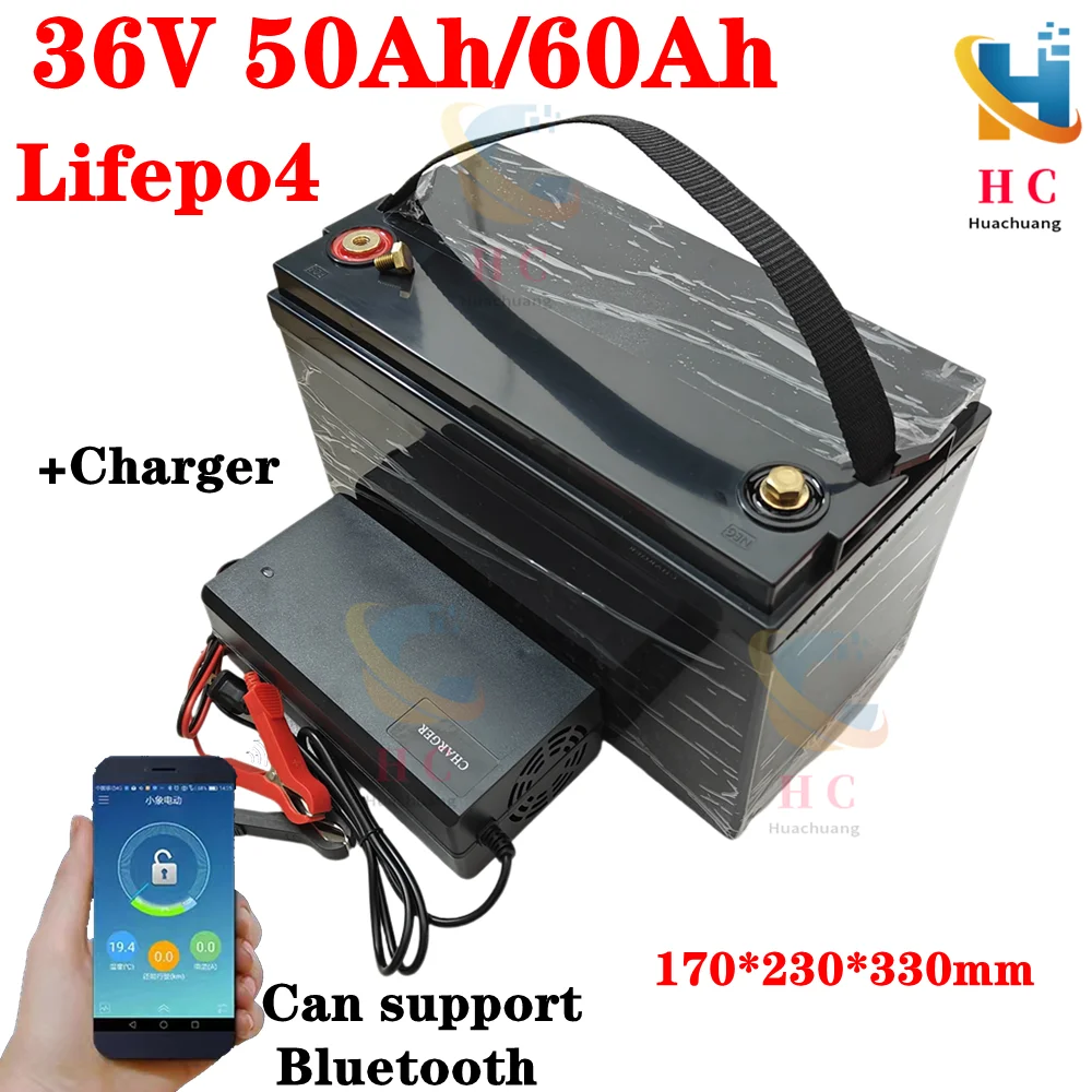 

waterproof 36V 60AH Lifepo4 36V 50Ah lithium battery with BMS for 1500W scooter bike Tricycle Solar golf cart +10A charger