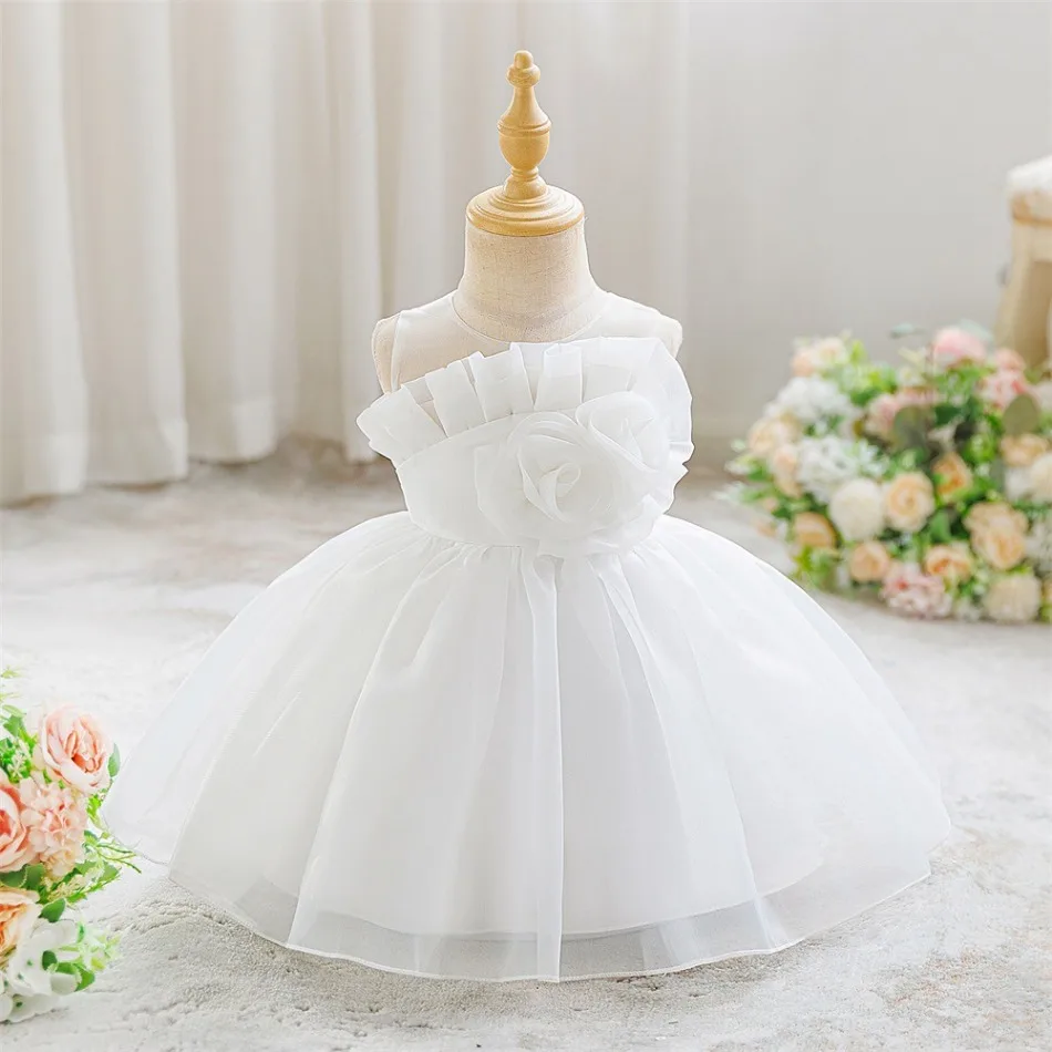 Infant White Formal Dress Ruffle Neckline Large 3D Rose Floral Voluminous Organza Puffy Skirt Toddler Baptism Photo Gown ASQ03