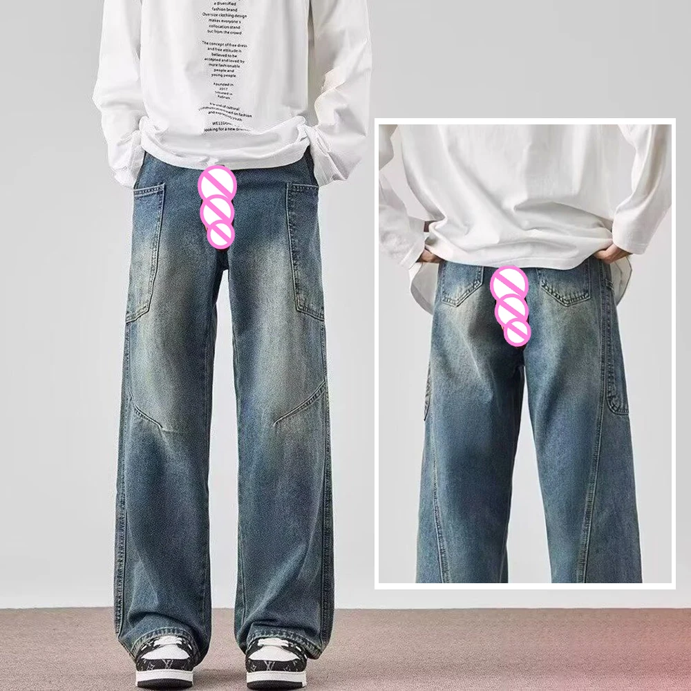 

Невидимые дышащие мужские джинсы с открытой промежностью, повседневная джинсовая уличная одежда с большим карманом, прочная, износостойкая