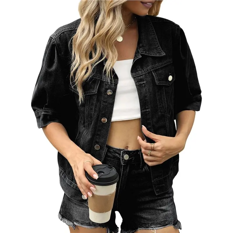 ABRT-vrouwelijk kort spijkerjack met 3/4 mouwen, revers, button-down, cropped trucker-jeansjassen