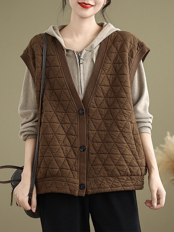 Authentic Casual Cotton Vest Artistic Sleeveless V-Neck Thickened Regular-Length Everyday Wear for Women in Their 40s