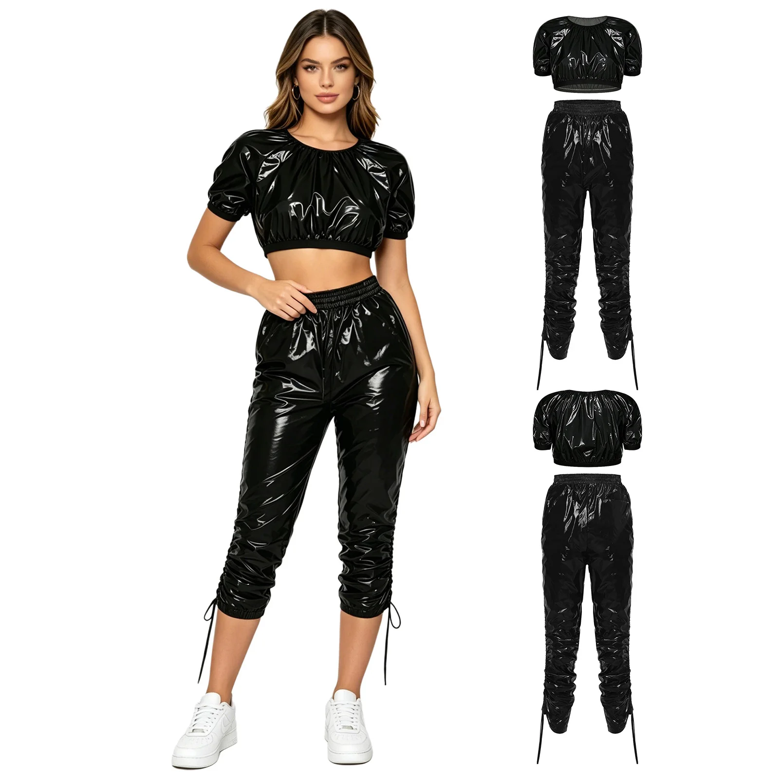 Damen Clubwear-Sets, wasserdichtes, glänzendes Outfit, kurzärmliges Crop-Top und Capri-Hose mit elastischem Bund und Kordelzug an den Beinseiten