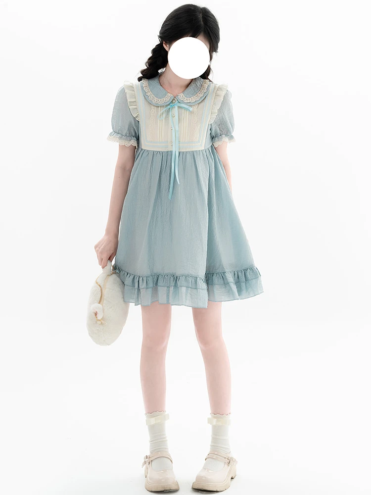 Japanese Style Sweet Cute Princess Dress Doll Collar Puff Sleeve Lace Stitching Loose High Waist A-line Lolita Short Dress Women