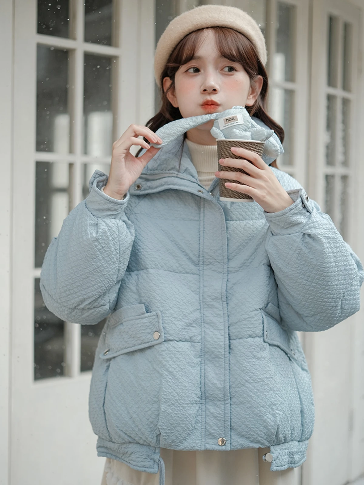 Women's Short Down Jacket, Cotton Jacket, Thickened Blue Coat, Sweet College Style, Students, New, Autumn, Winter, 2024