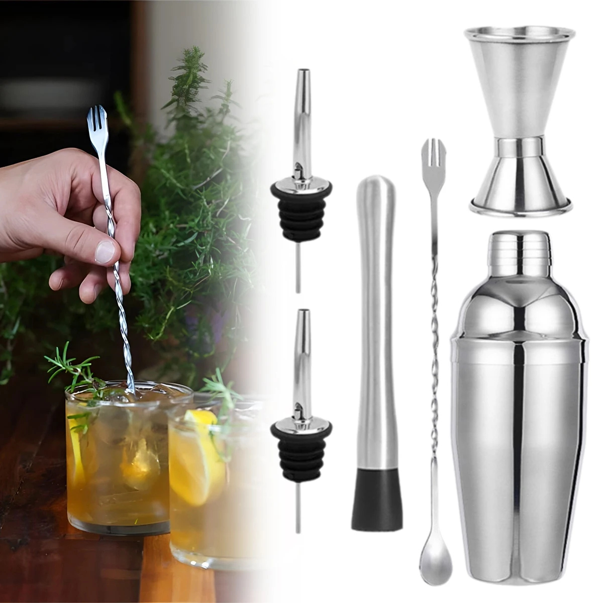 

6pcs/set Stainless Steel Cocktail 750ml Shaker Mixer Wine Martini Boston Shaker For Bartender Drink Party Bar Tools