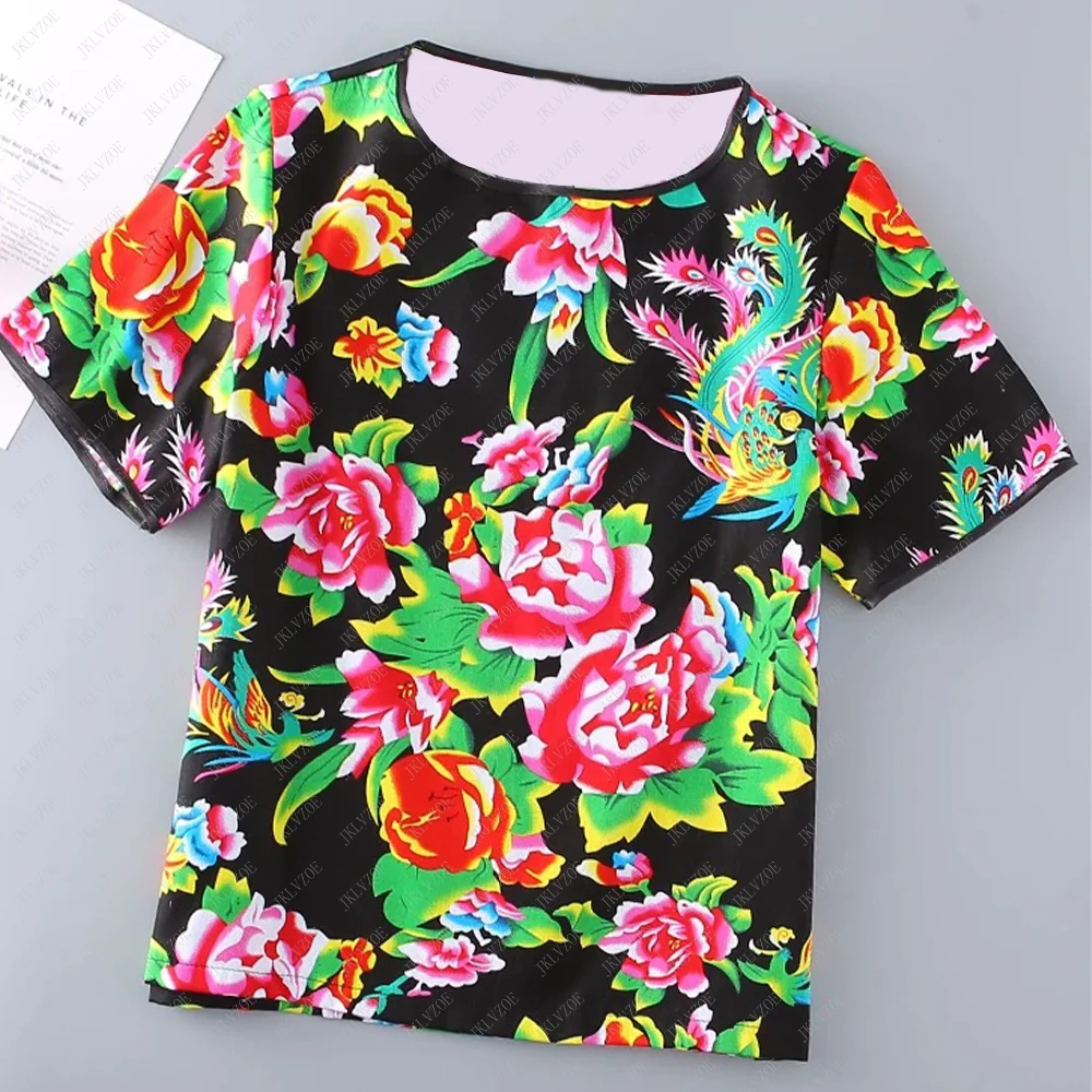 2025 Women Girls Clothes Casual Adults Tee T Shirts Chinese Dongbei Northeast Flowered Jacket Breathable Top Unisex Y2k Flower