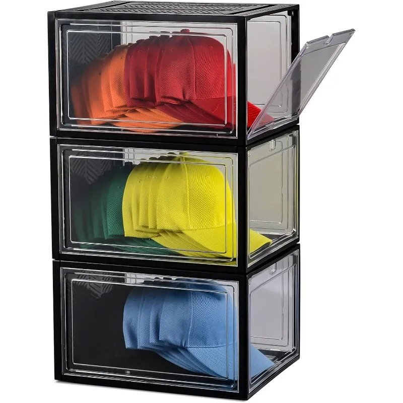 

Hat Organizer Box for Baseball , 3Pack Clear Plastic Hat Storage with Magnetic Door, Baseball Organizer, Hat Holde