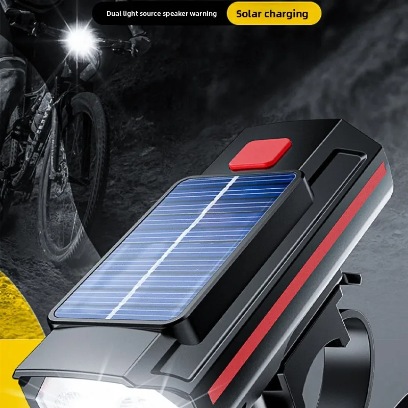 Solar Bike Light USB Rechargeable Front Headlight with Horn for Mountain Bicycle Night Riding Safety Lighting
