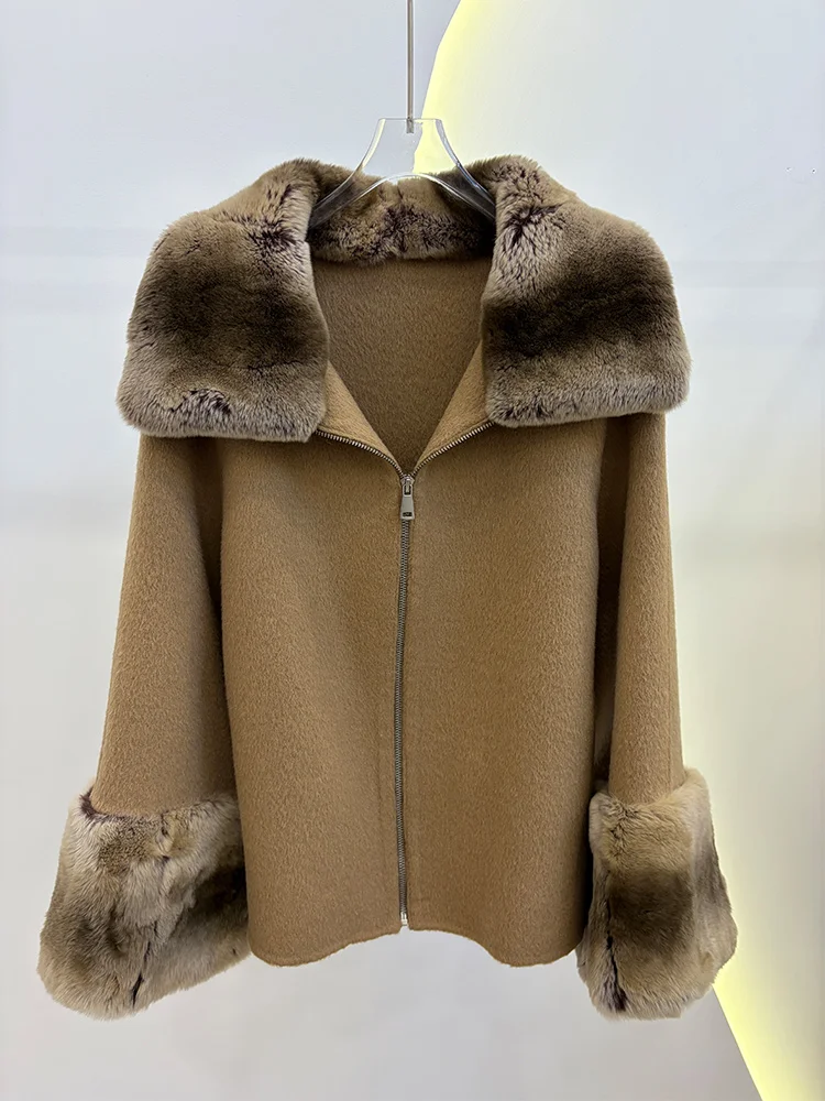 2026 Winter Women's Real Natural Rex Rabbit Fur Collar Coat Wool Cashmere Jacket Luxury Warm Thick Female Coat