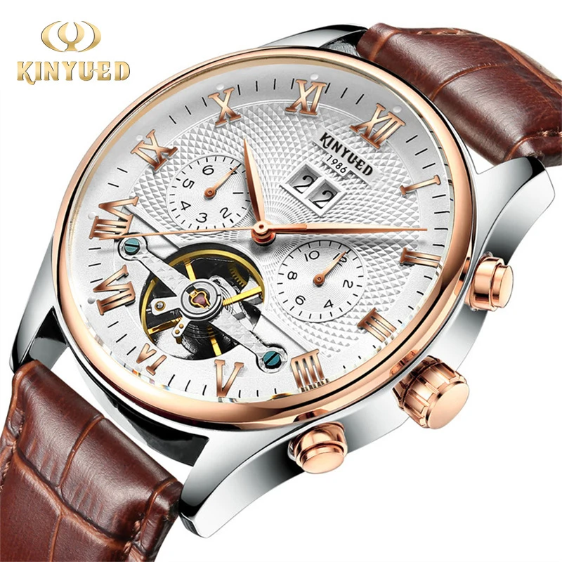 KINYUED أزياء رجالي فاخرة العلامة التجارية الأصلية توربيون ساعات آلية رجالية جلدية مقاوم للماء التلقائي التناظرية ساعة للرجل