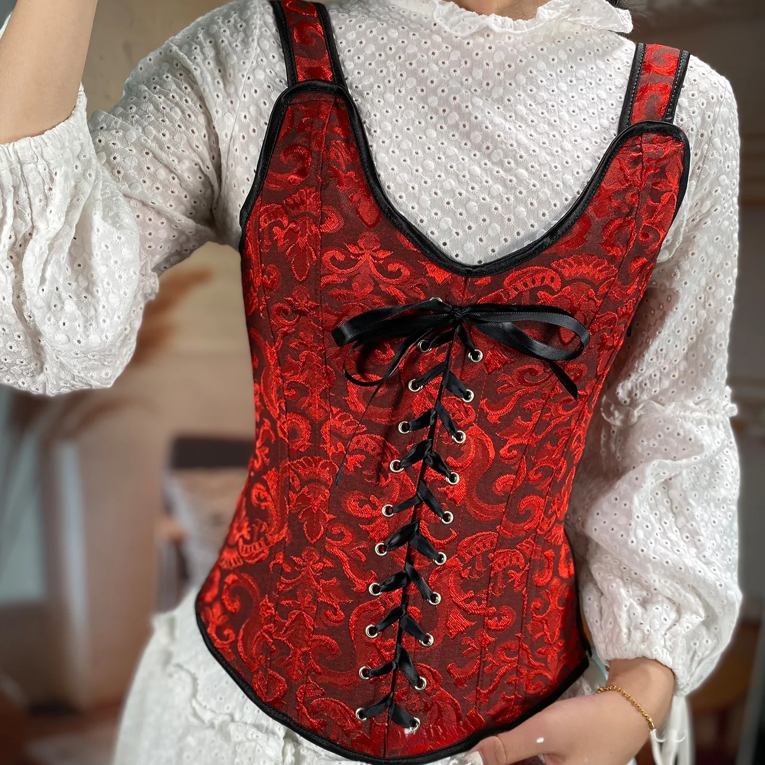 Vintage Jacquard Corset Tops for Women Fishbone Shapping Vests Side Zipper Fashion Party Slim Waist Trainer Corselet Bustier Top
