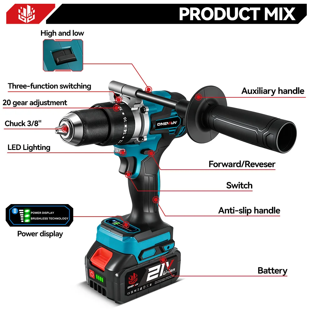 Trapano elettrico brushless ONEVAN, portatile, senza fili, per legno e acciaio, avvitatore a impulsi, utensile elettrico compatibile con batteria Makita 18V.