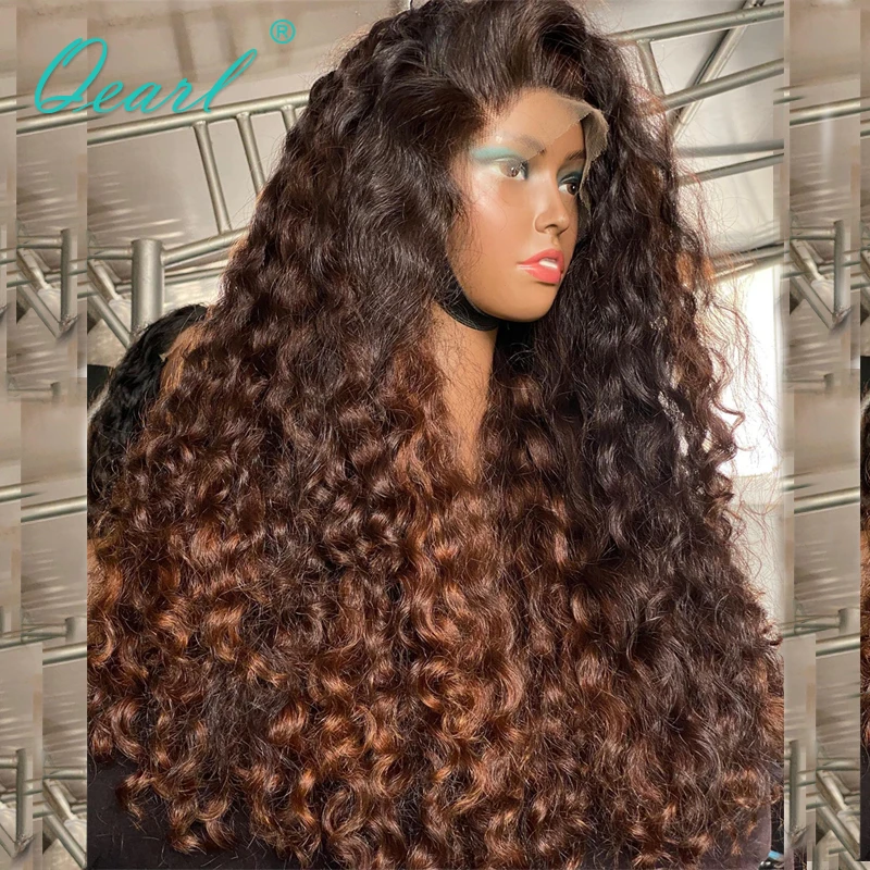 

Brown 30# Highlights Lace Frontal Wigs Curly Real Human Hair Wig for Women 500% High Thick Density Lace Front Wig 32 inchs Qearl