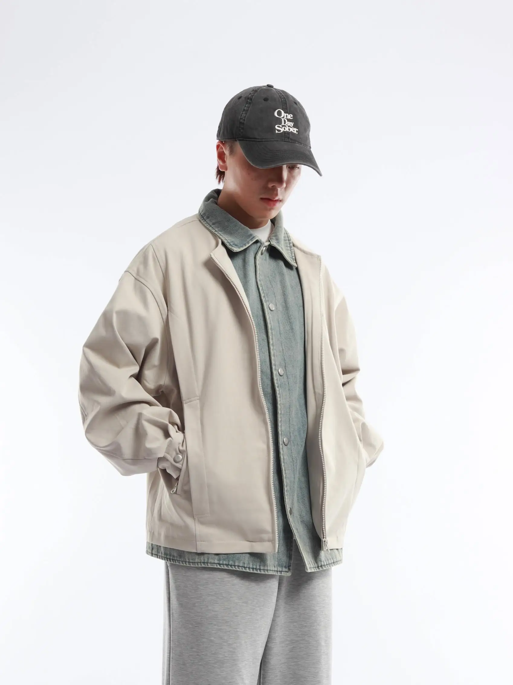 Autumn New American Retro Collar Embroidered Letter Jacket Men's Khaki Workwear Style Fake Two-Piece Coat Youth Trend Cotton