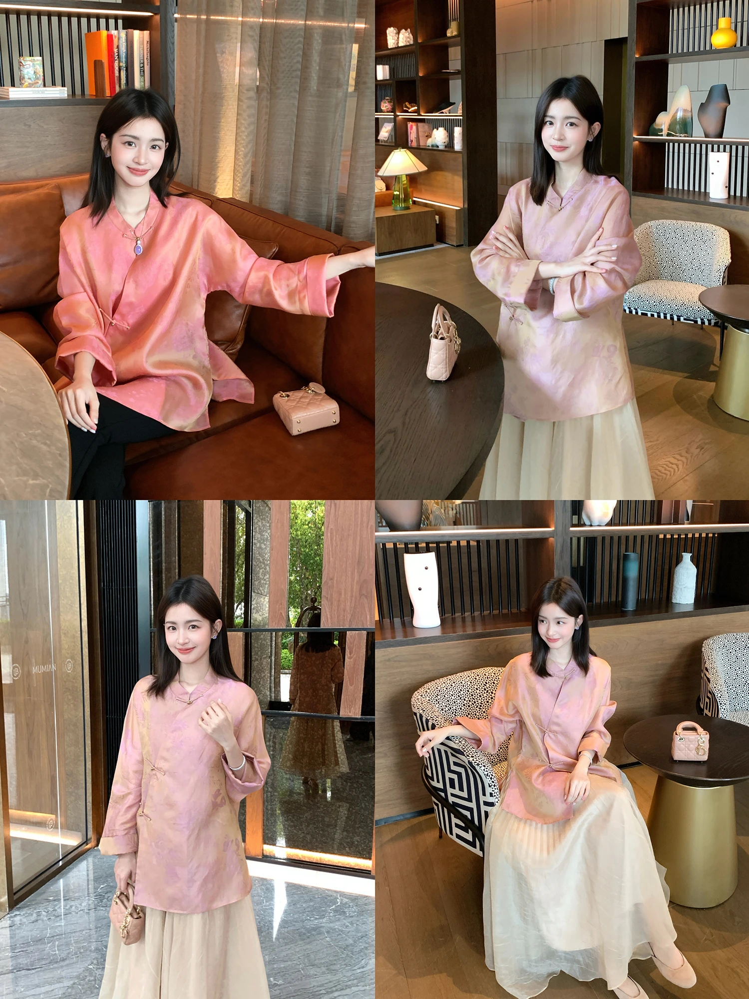 

YUYU WANG Нежная свободная шелковая рубашка в китайском стиле, модный топ из легкого шелка, повседневная свободная женская рубашка с длинным рукавом