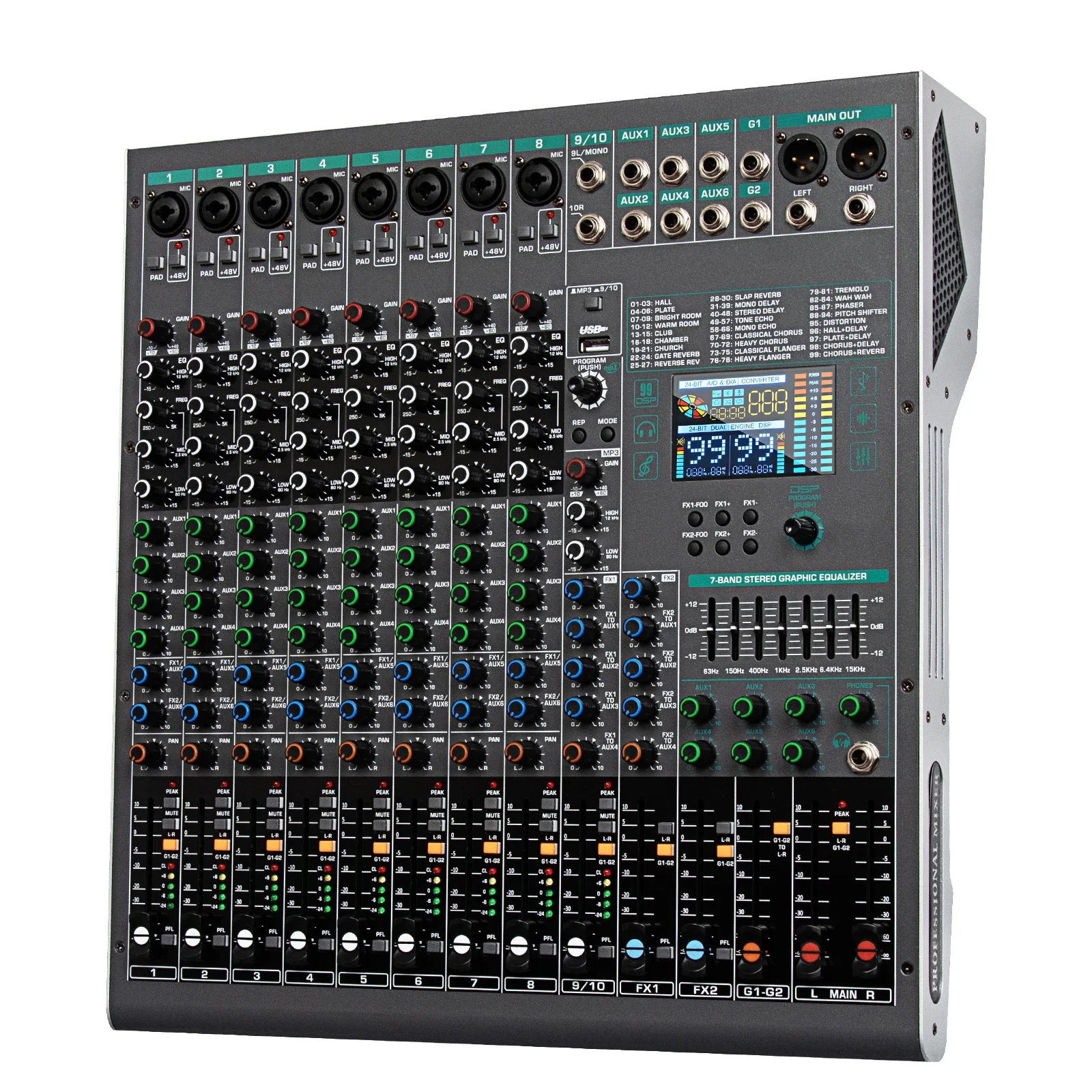 Biner Professional TG10 99-effect DSP Audio Console Mixer 10 Channel USB Interface Audio Console