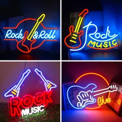 Rock Roll Neon Signs Guitar Music Led Neon Light Art Wall Decor for Game Room Music Party Rock Studio Bar Disco Party Neon