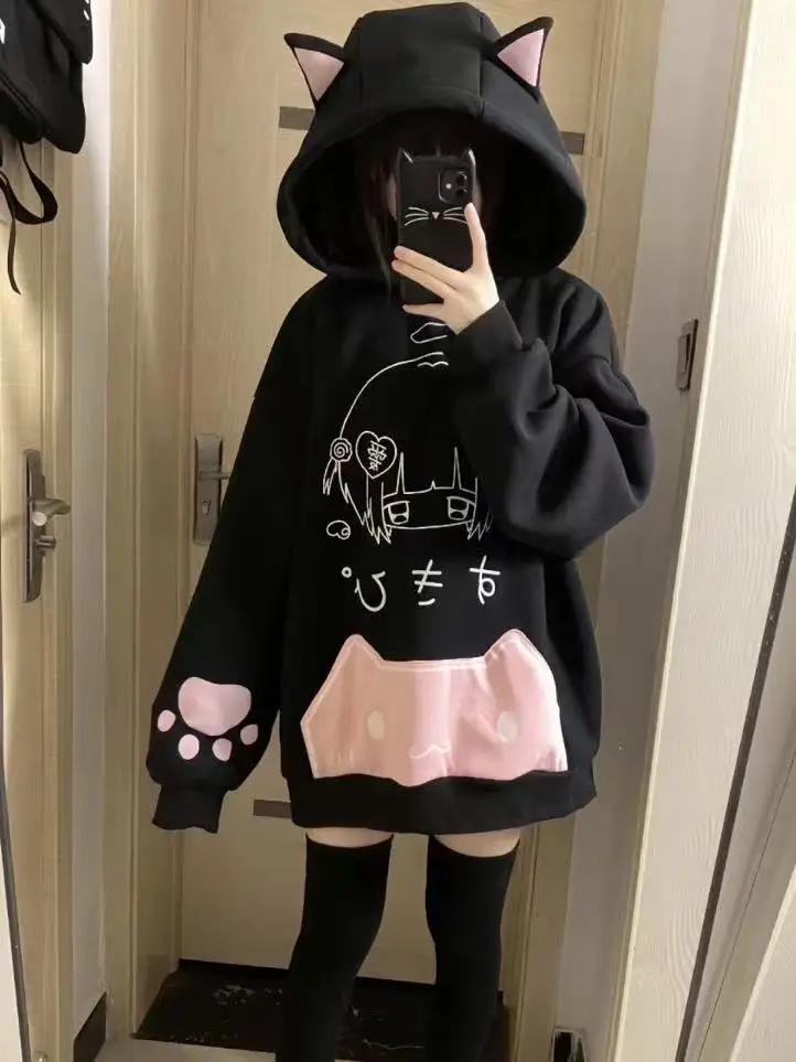 Kawaii Oor Hoodie Vrouwen Y2K Esthetische Losse Japanse Cartoon Print Casual Sweatshirt Pocket Herfst Streetwear Gothic Harajuku