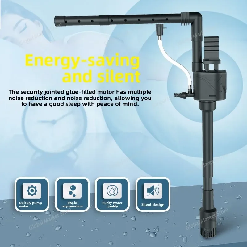 The three-in-one fish tank filter is equipped with a submersible pump for filtration, a universal silent built-in water pump
