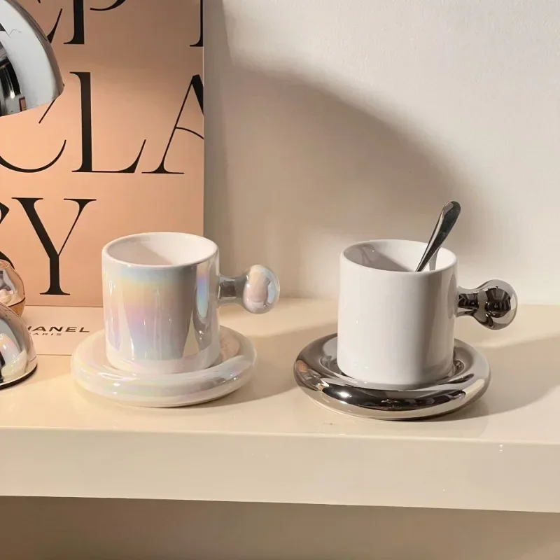 【Premium】Ahunderjiaz-Light Luxury Ceramic Mug with Coaster, Silver Breakfast Coffee Cup Set, Household Drinkware Set