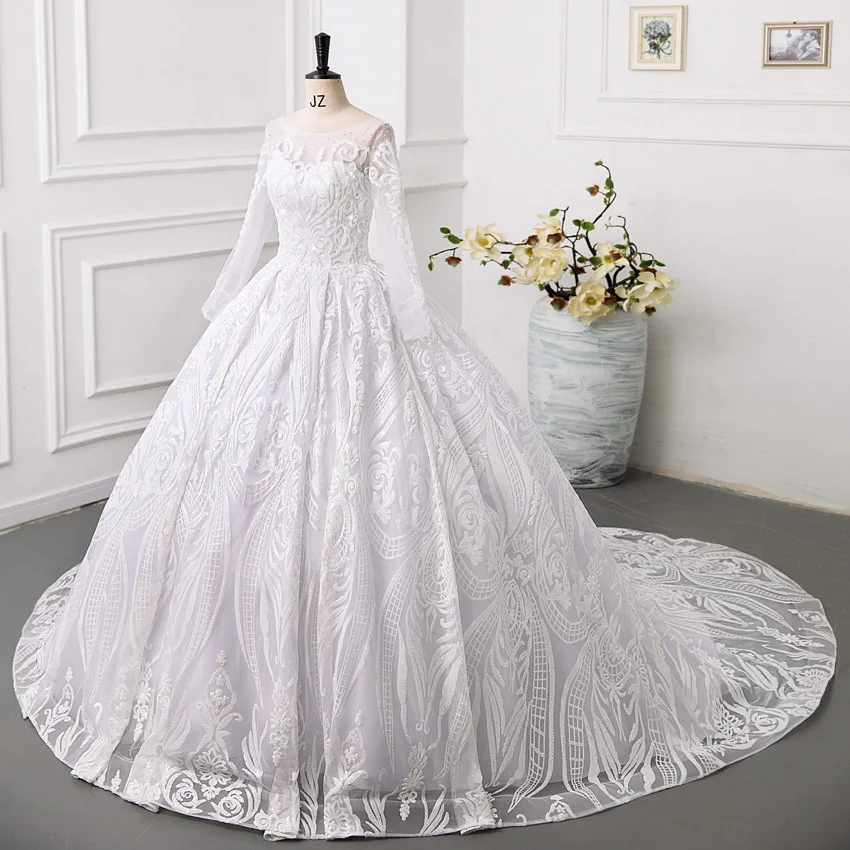 Real Picture Luxury Long Sleeve Wedding Dresses Jewel Lace Up Ball Gown Bride Bridal Gowns Vestido De Noiva hochzeitskleid