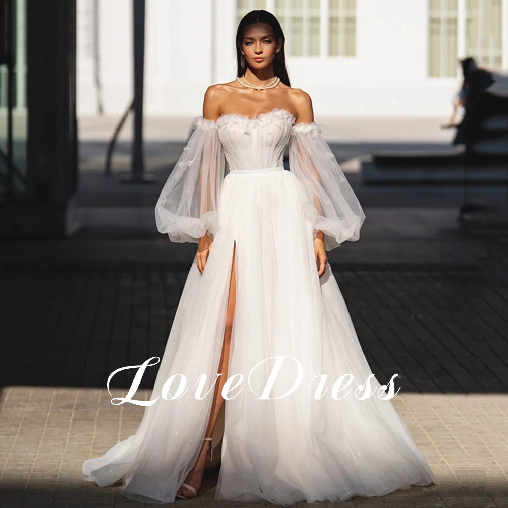 LoveDress Boho Sweetehart Wedding Dress High Side Split Puff Sleeves 3D Flower Appliques Modern Bride Gown Backless Tulle Train