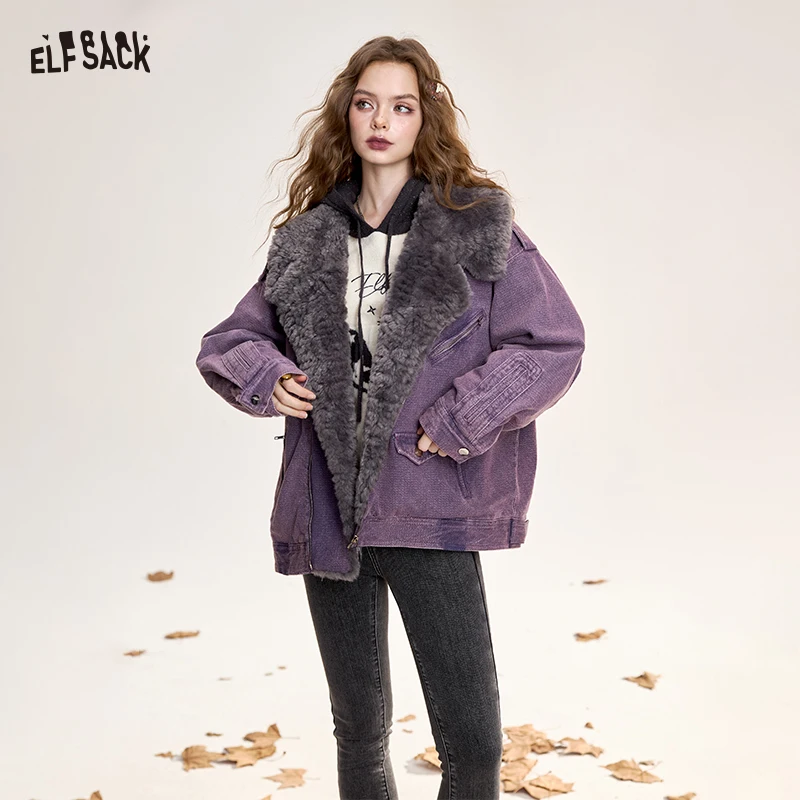 

ELFSACK 2025 Winter New Arrivals Casual Faux Fur Collar Denim Blend Paneled Puffer Jacket For Woman