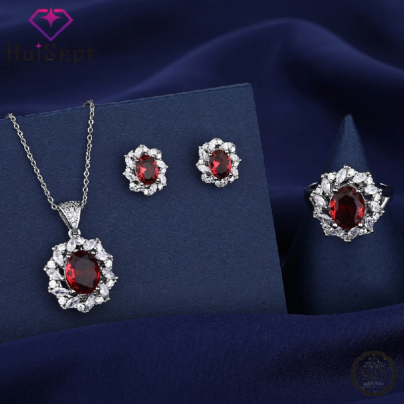 

HuiSept Trendy 925 Silver Jewelry Sets Ring Earrings Pendant Necklace with Ruby Zircon Accessories for Women Wedding Party Gifts