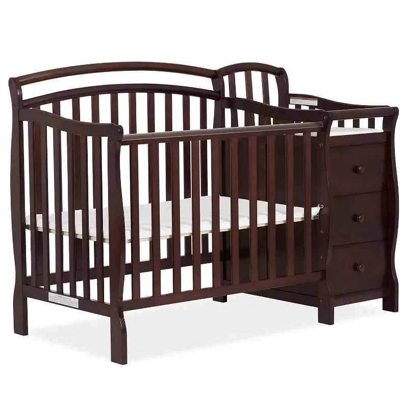 

3-in-1 Mini Crib and Changing Table Convertible Crib Made of Pine Three Adjustable Mattress Height Settings