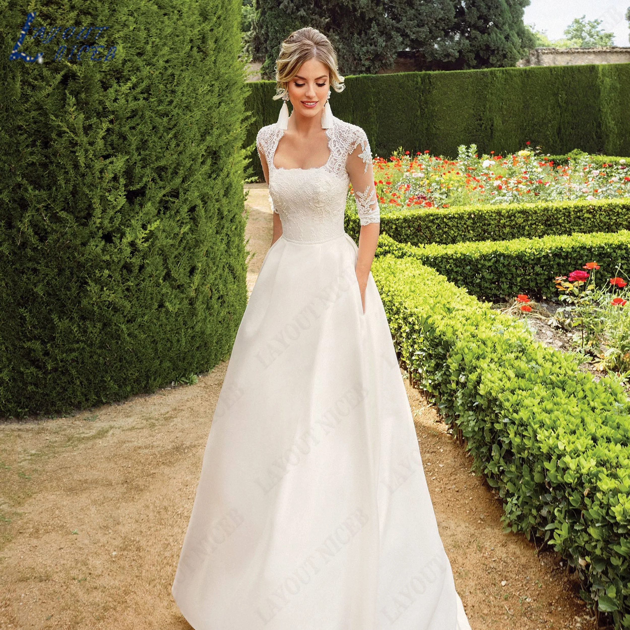 LAYOUT NICEB Customied Square Neck Lace Wedding Dress 3/4 Sleeve Sheer Back Satin A Line Bridal Gown Pockets Plus Size Bride