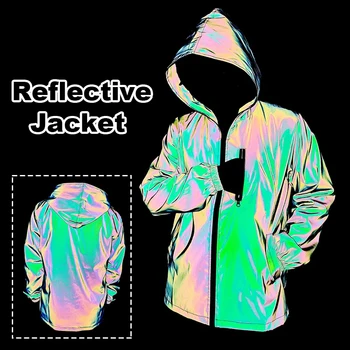 Men's Night Reflective Windproof Hooded Jacket Hip-hop Streetwear Couple Trend Coat for Outdoor Cycling Jogging Safety Clothing